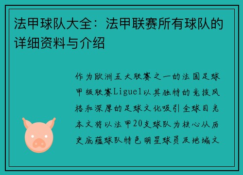 法甲球队大全：法甲联赛所有球队的详细资料与介绍